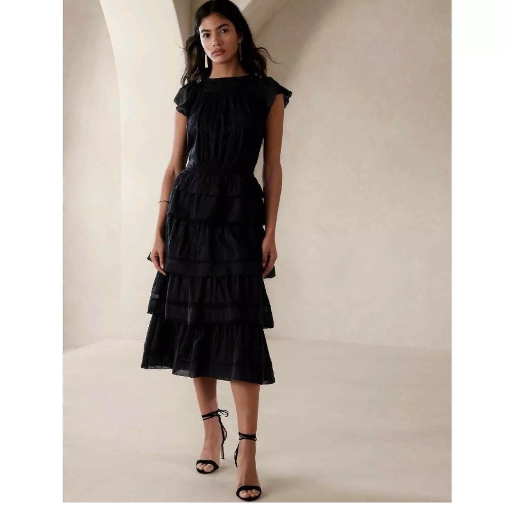 NWT! BANANA REPUBLIC BLACK SELENE EMBROIDERED MIDI DRESS MEDIUM TALL MT festival - Picture 2 of 7